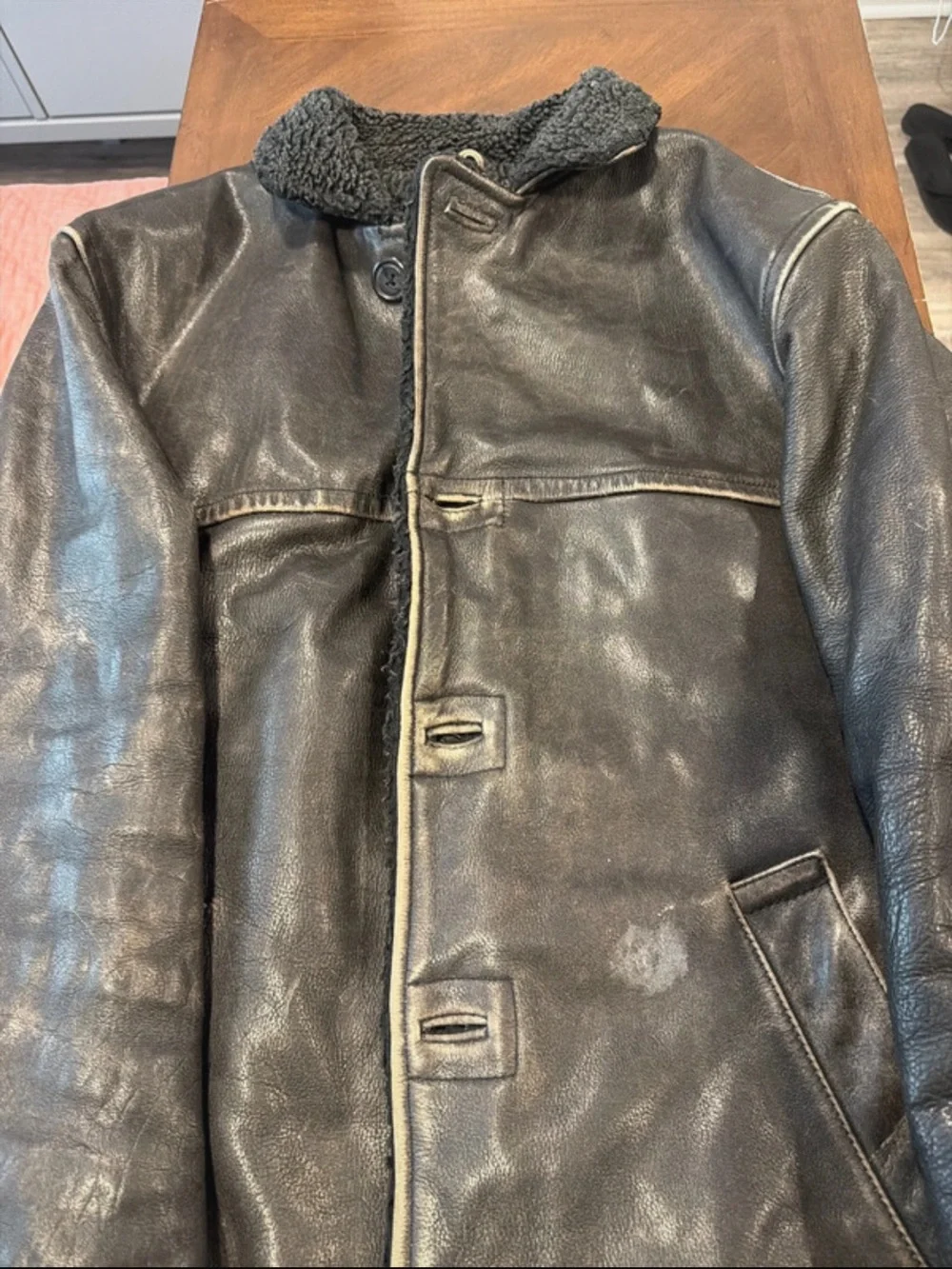 J. Crew Men's Black Leather Bomber with Shearling Lining